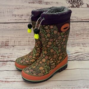 Girls furry rain Floral Patterned Boots with Purple Trim